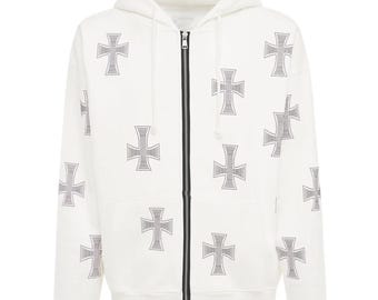Weißer Strass Kreuz Hoodie – Gothic Streetwear Sweatshirt – Y2K Fashion Jacke