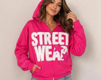 Sudadera con capucha y cremallera rosa fucsia estilo Y2K / Chaqueta urbana con apliques de pedrería
