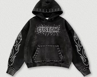 Felpa con cappuccio personalizzata con fiamme e strass – Pullover streetwear nero con borchie – Felpa gotica Y2K