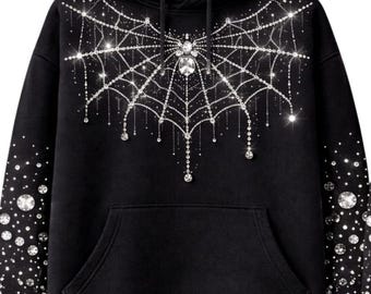 Strass Spinnennetz Hoodie - Gothic Crystal Black Pullover Y2K Streetwear