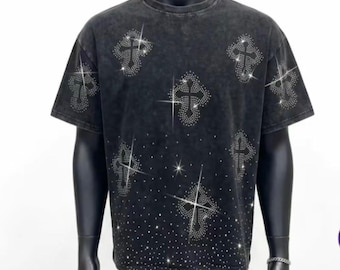 Strass Kreuz T-Shirt - Vintage Washed Black Graphic T-Shirt, Streetwear Top