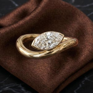 East West Marquise Moissaniet ring, 14K gouden pinkring, 0,70 CT solitaire verloving, bypass dikke statement cadeau voor haar