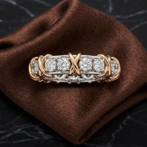 Jean Schlumberger Inspired X Ring: Moissanite Eternity Band, Criss Cross Gold Wedding Ring