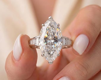 4CT Marquise Moissanite Channel Set Baguette Engagement Ring, 14K White Gold Vintage Solitaire Band, Art Deco Bridal Gift, Anniversary Ring