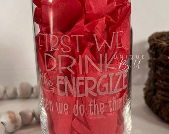 Custom Energize Glass cup, ice coffee cup, beer can cup, custom team name logo, Bodi Partner, Preworkout glass, laser engraved, team gift,