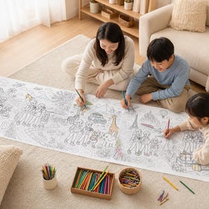 Puede incluir: Un póster de colorear rectangular y largo de papel blanco con intrincadas ilustraciones de líneas negras de escenas de viaje, que incluyen monumentos, animales y personas, junto a una caja de madera con lápices de colores y una cesta.