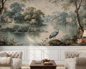 Vintage Scenic Lake Landscape Wallpaper, Heron Bird Mural, Serene River Wall Decor