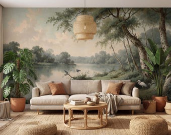 Papel pintado de paisaje fluvial vintage, mural de pared con garza, autoadhesivo, tradicional.