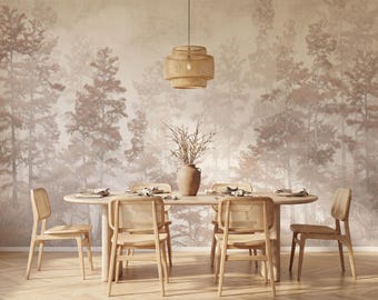 Neutral Earthy Forest Wallpaper, Ethereal Misty Tree Wall Mural, Soft Boho Decor