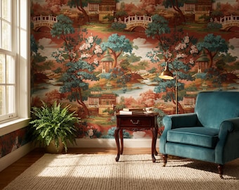 Papel pintado chinoiserie en terracota cálida, mural autoadhesivo de paisaje asiático, decoración tradicional de pagoda roja.