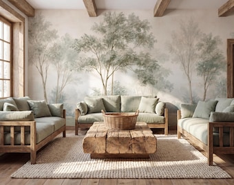Papel pintado vintage con paisaje de bosque brumoso en acuarela, mural de árboles verdes suaves, estilo tradicional, autoadhesivo.