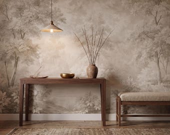 Vintage Neutral Wallpaper, French Country Toile Wall Mural, Monochrome Landscape Mural