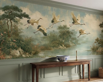 Papel pintado vintage con paisaje de grullas voladoras, mural de naturaleza de estilo chinoiserie, decoración de pared de arte asiático con río sereno