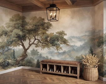 Misty Mountain Tree Scenic Wall Mural, Vintage Painted Landscape Wallpaper, Peel and Stick, Traditional