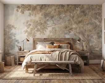 Antique Tree Vintage Wallpaper, Etched Tree Wall Mural, Neutral Nature Scenery, Cottagecore Decor