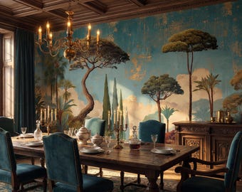 Mural de paisaje estilo fresco vintage en color verde azulado, papel tapiz autoadhesivo con cielo pintado y árboles exóticos, estilo tradicional.