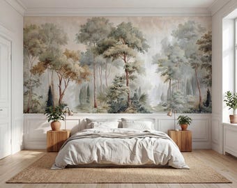 Vintage Misty Forest Landscape Wallpaper, Painted Woodland Scenic Wall Mural, Peel and Stick, Traditional