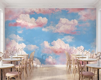 Papel pintado de cielo azul con nubes en tonos rosa pastel de ensueño, mural de pared romántico, autoadhesivo, tradicional.