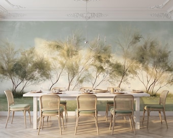 Papel pintado paisajístico en verde salvia suave, mural de pared con árbol sereno, estilo tradicional, autoadhesivo.