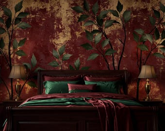 Papel pintado botánico en tonos rojo intenso y dorado, mural de hojas estilo grunge vintage, decoración rústica carmesí.