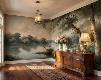 Papel pintado con paisaje fluvial sereno, mural de pared con garza panorámica, decoración de pared inspirada en la naturaleza.