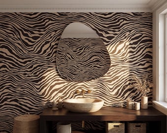 Papel pintado abstracto con líneas onduladas en tonos beige y marrón, autoadhesivo - Mural de pared tradicional removible