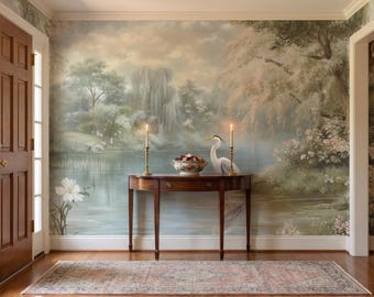 Papel pintado con paisaje lacustre de garzas pastorales, mural floral de agua en tonos pastel, autoadhesivo.