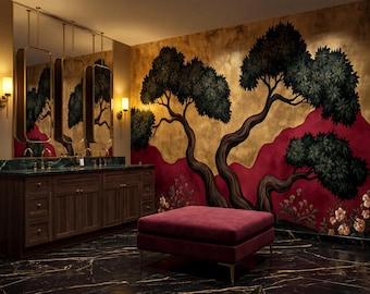 Papel pintado de lujo rojo y dorado estilo chinoiserie con árbol, mural de pared tipo fresco, autoadhesivo, tradicional.