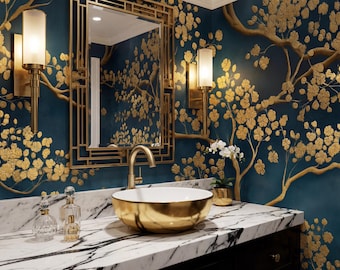 Papel pintado de lujo azul marino y dorado con diseño floral de ramas, mural botánico, estilo tradicional, autoadhesivo.