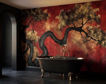 Papel pintado fresco rojo intenso, mural de árbol vintage retorcido, decoración de pared asiática