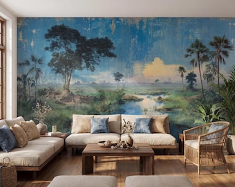 Papel pintado vintage azul desgastado con paisaje al fresco, mural de palmeras tropicales, tradicional, autoadhesivo.
