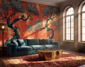 Mural de papel pintado con diseño de olivo fresco en rojo y dorado, decoración botánica vintage de lujo para el hogar.