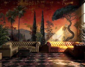Mural paisajístico fresco en tonos rojos y dorados, papel pintado autoadhesivo con cipreses, estilo tradicional.