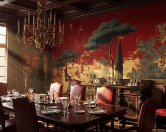 Mural de jardín estilo chinoiserie vintage en rojo y dorado, papel tapiz autoadhesivo con diseño de árbol tradicional.