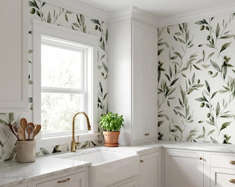 Watercolor Olive Branch Wallpaper, Sage Green Leaves Botanical Farmhouse Wall Mural, Peel and Stick