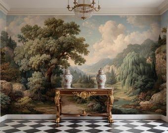Papel pintado de paisaje pastoral vintage, mural de pared clásico de naturaleza, escena de bosque y arroyo.