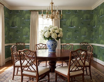 Papel pintado Toile de Jouy verde, decoración de pared estilo chinoiserie con sauce y grulla, autoadhesivo, tradicional.