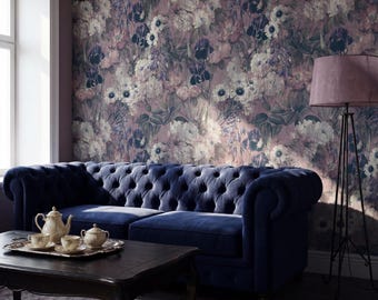 Papel pintado floral oscuro y melancólico, mural de pared vintage botánico grunge, autoadhesivo, tradicional.