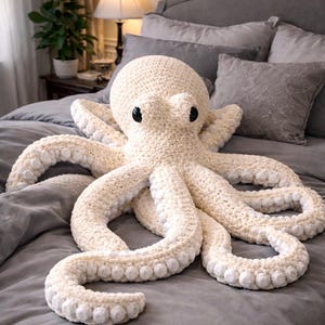 May include: A large, cream-coloured crocheted octopus plush toy with black eyes. The octopus has eight long, curved tentacles with white bobbles along the edges. It is lying on a grey bedspread, creating a soft and inviting aesthetic.