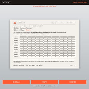 以下が含まれることがあります： 「Broken Streaks Recover.」と「Skipped Pages Don't.」のテキストが入った、白とベージュの84日間のストリークグリッド。 グリッドは、番号付きのボックスで12週間に分割されています。 下部には、「ONE RULE」、「STREAK」、「RECOVER」という単語のオレンジ色のボタンがあります。