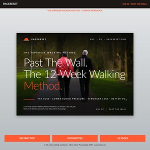 以下が含まれることがあります： 「Past The Wall. The 12-Week Walking Method」というタイトルのワークブックの表紙。2人の人が道を歩いています。表紙には「Fat Loss, Lower Blood Pressure, Stronger Legs, Better VO2」というテキストが含まれています。