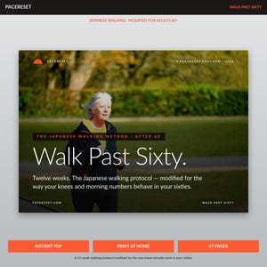 May include: A promotional image for a walking program. The image features a woman walking in a park, with text overlayed that reads "Walk Past Sixty." The program is described as a Japanese walking method modified for adults 60+.