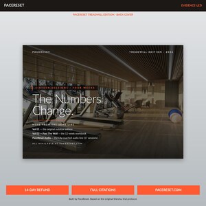 Op de afbeelding: Promotieafbeelding voor PaceReset's Treadmill Edition. De afbeelding toont een sportschoolinterieur met loopbanden en de tekst "The Numbers Change". Extra tekst bevat "Sixteen Sessions - Four Weeks" en website-informatie.