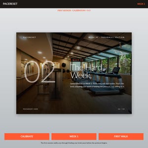 Op de afbeelding: Pagina van een digitale fitnessgids met de tekst "Week 02 - Loopband Editie" en "De Zware Week". De afbeelding toont een sportschool met loopbanden en fitnessapparatuur. De pagina bevat het websiteadres "PACERESET.COM."