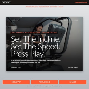 Pode incluir: Imagem promocional de um programa de fitness, com uma mulher numa passadeira. O texto diz: "Set The Incline. Set The Speed. Press Play." O programa é um protocolo de caminhada intervalada de 16 sessões.