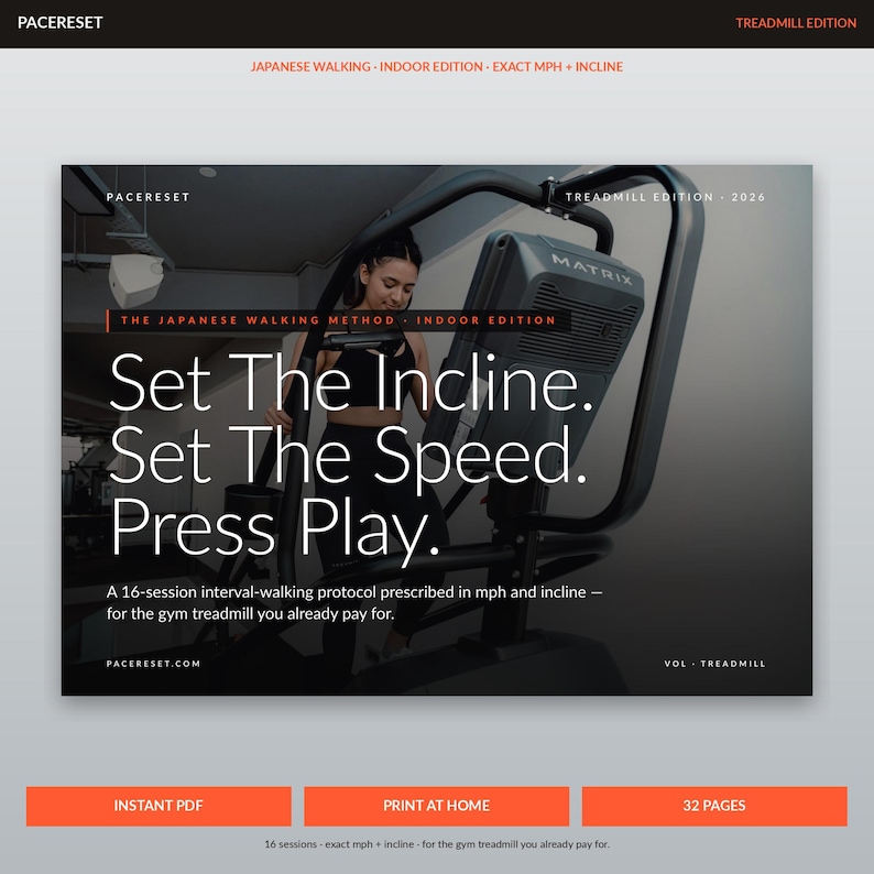 Op de afbeelding: Een promotieafbeelding voor een fitnessprogramma, met een vrouw op een loopband. De tekst luidt: "Set The Incline. Set The Speed. Press Play." Het programma is een interval-wandelprotocol van 16 sessies.