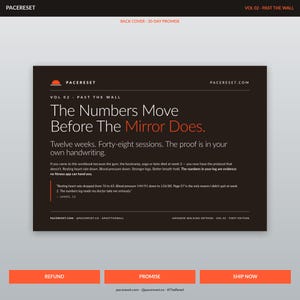 以下が含まれることがあります： 「The Numbers Move Before The Mirror Does」というテキストが入った、黒とオレンジのワークブックの表紙。 「Twelve weeks. Forty-eight sessions. The proof is in your own handwriting.」というテキストも含まれています。