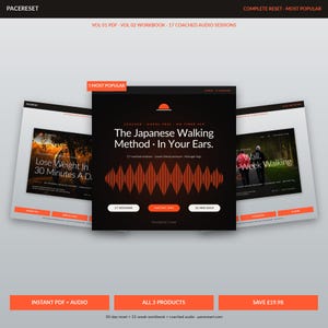 May include: Image of three digital product covers. The central cover is black with orange text: "The Japanese Walking Method - In Your Ears." It includes 17 sessions and instant MP3s. The other covers show similar themes.