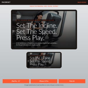 Op de afbeelding: Een digitaal scherm met de tekst "Set The Incline. Set The Speed. Press Play." en een vrouw op een loopband. De tekst "THE JAPANESE WALKING METHOD - INDOOR EDITION" staat erboven. Opties voor iPad, iPhone en print.