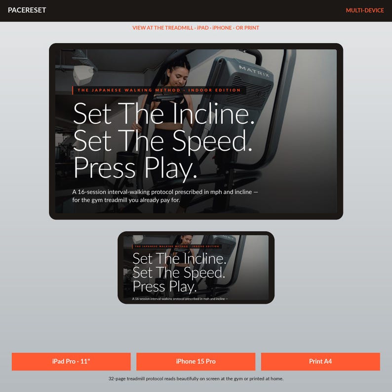 Op de afbeelding: Een digitaal scherm met de tekst "Set The Incline. Set The Speed. Press Play." en een vrouw op een loopband. De tekst "THE JAPANESE WALKING METHOD - INDOOR EDITION" staat erboven. Opties voor iPad, iPhone en print.